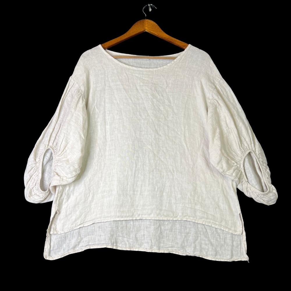 Bellambra Italy White 100% Linen Puff Sleeve High Low Lagenlook Top Womens M